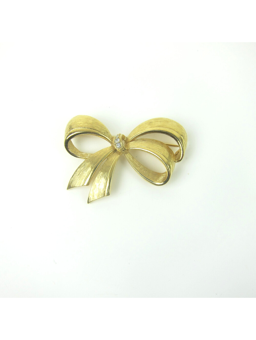 Vintage Avon Ribbon Bow Pin Brooch Textured Gold Tone Clear Rhinestones 2.4" MCM